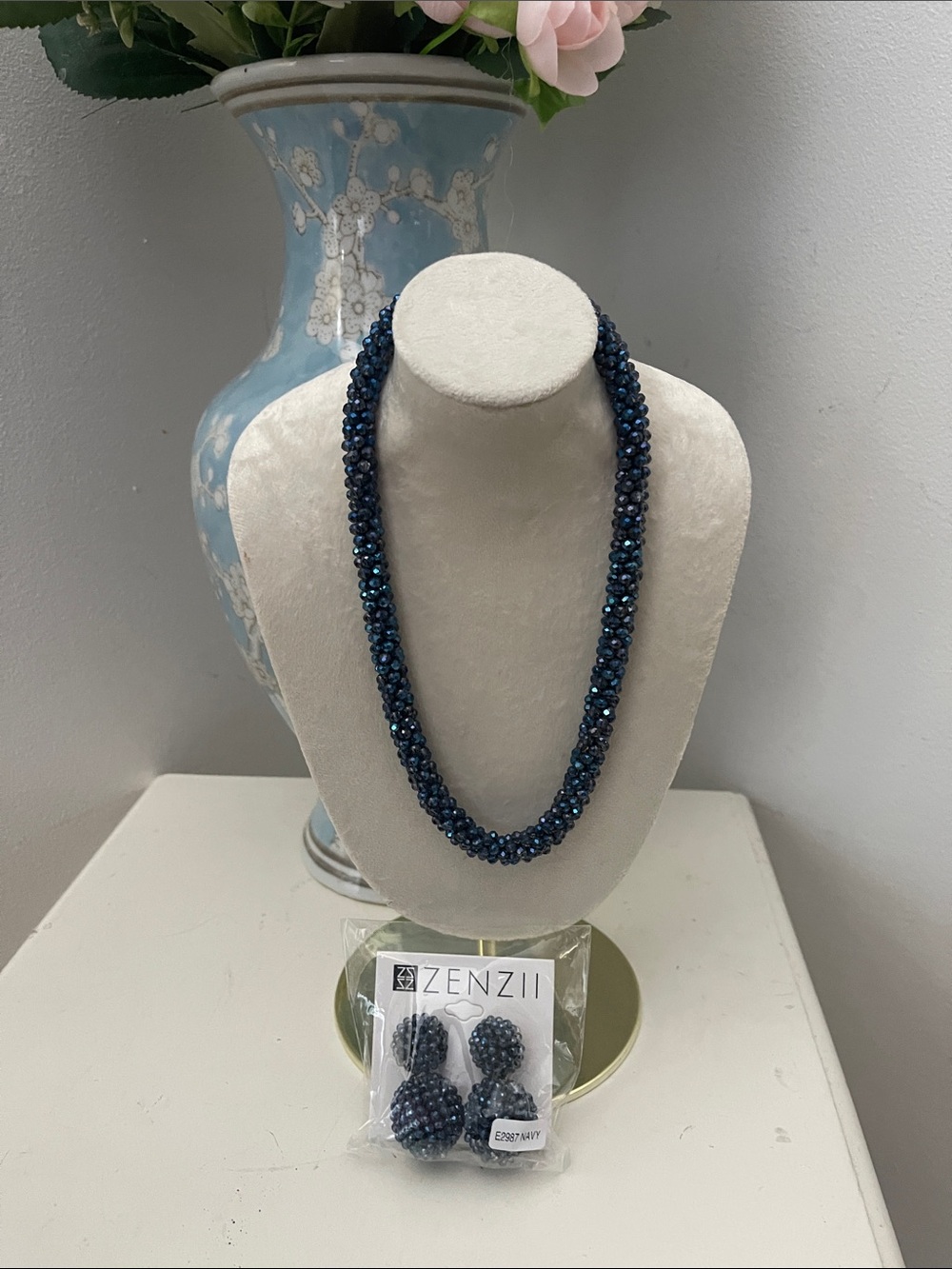 Navy Beaded Rope Necklace and Ball Drop Earrings Set